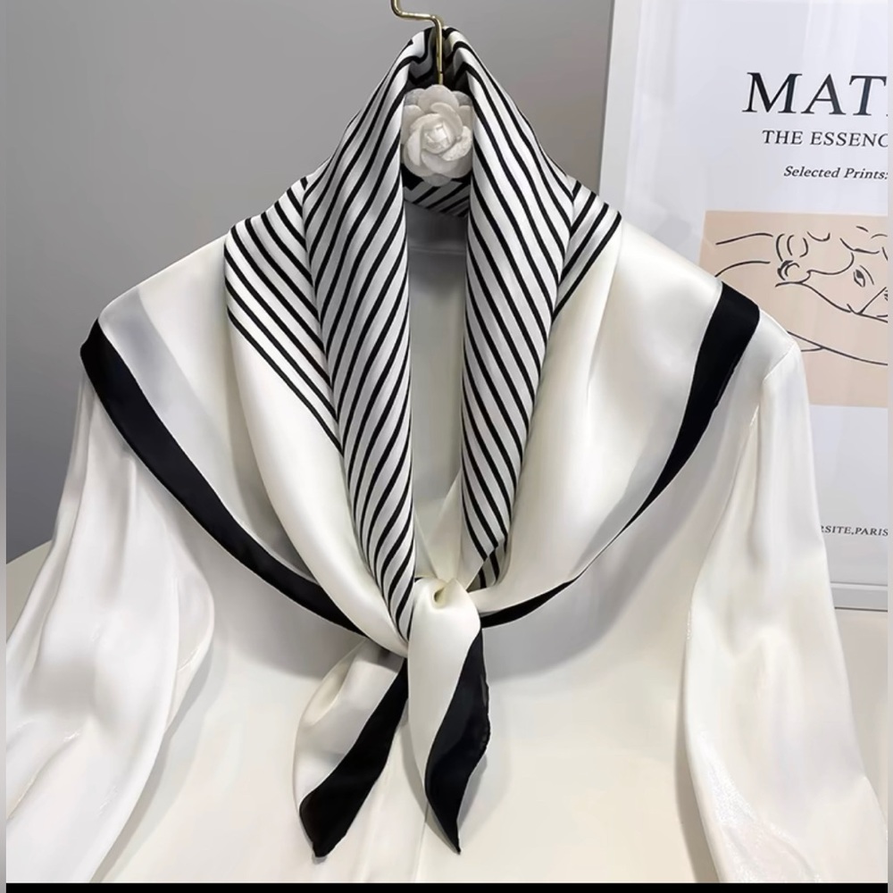 100% Silk scarf Designer pattern Bandana black white stripe NWOT